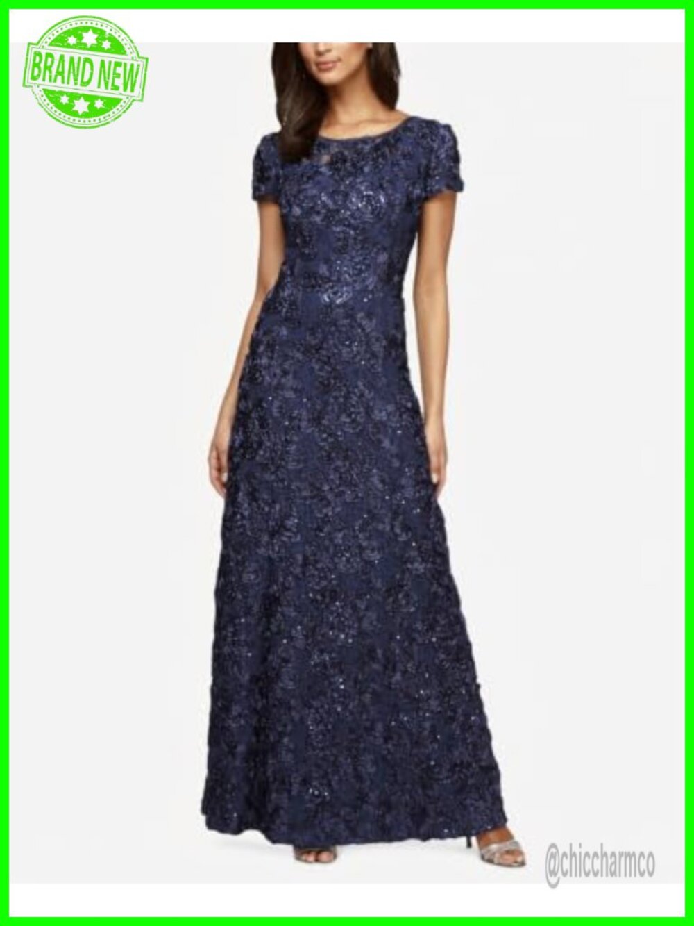 Long Rosette Lace Mother of the Bride Dress with Short Sleeves